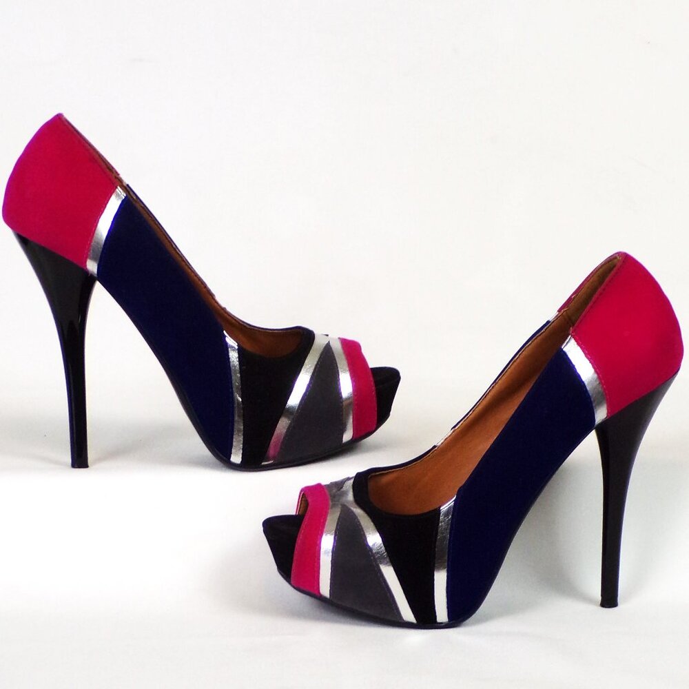 SHÏ BY JOURNEYS size 9 multicolor faux-suede ultra-high-heel open-toe pumps